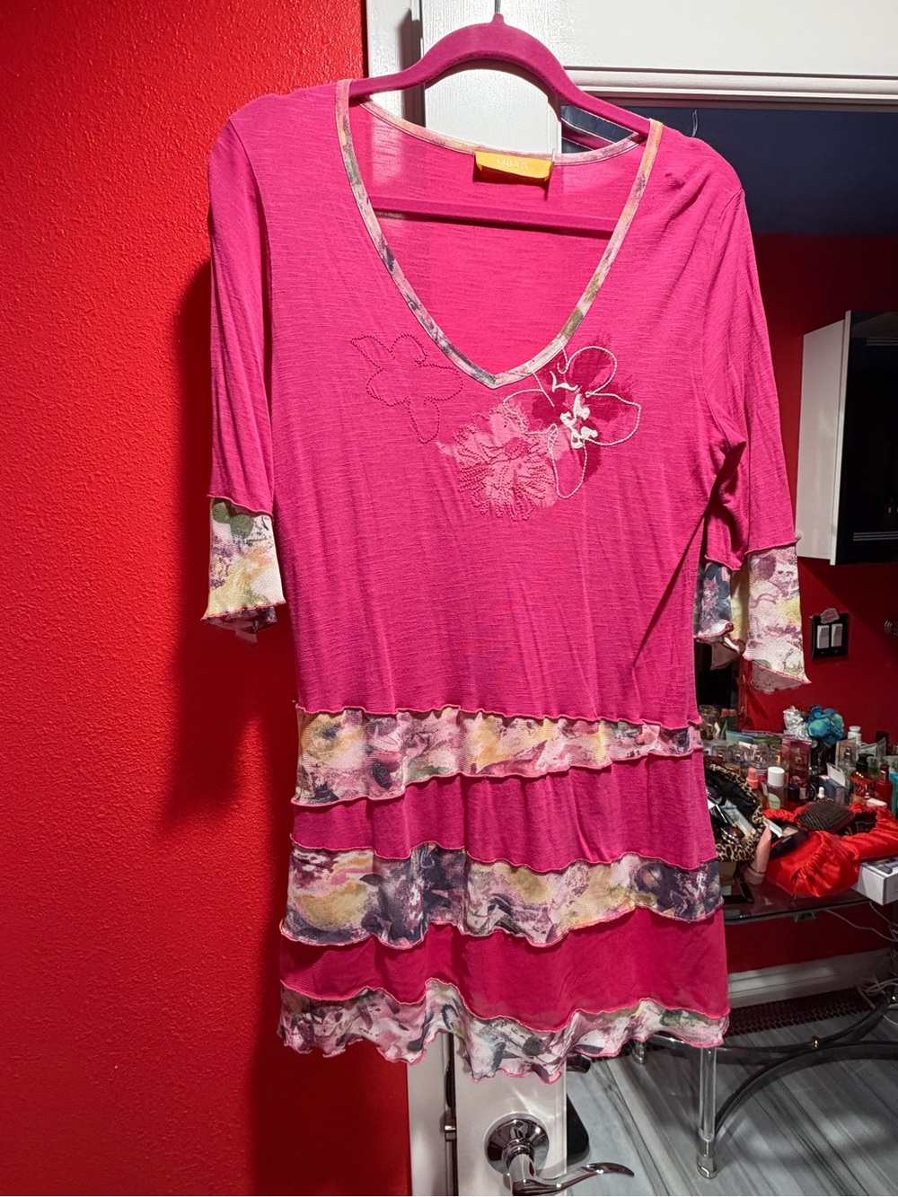 Biba Pink V-Neck Tunic with Floral Ruffle Tiers